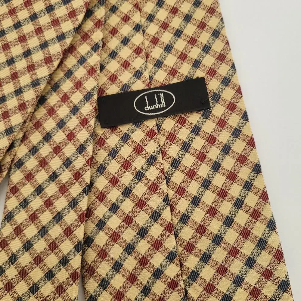 Dunhill Men's Neck Tie Made In England Designer Silk Multicolor Plaid Check Logo